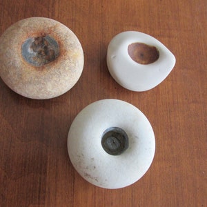 May include: Three smooth, rounded stones with central indentations. One stone is textured and tan with a dark centre, while the other two are smooth, off-white stones, one featuring a brown centre and the other a dark grey centre.