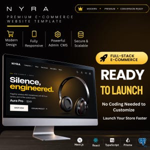May include: A computer monitor displaying a website template titled NYRA, featuring a product page for Aura Pro wireless headphones. The interface includes text such as Silence, engineered, Ready to Launch, and icons for Next.js, React, and TypeScript.