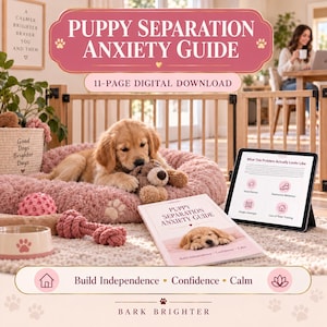 Op de afbeelding: Een digitale gids over verlatingsangst bij puppy's als 11-pagina's tellende download, inclusief tablet met gedragsinformatie en een boekje. Een gouden puppy rust in een roze pluche mand met speelgoed, naast een roze voerbak en touwspeeltje.