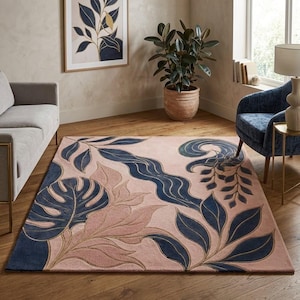 Pink Botanical Wool Rug, Navy Blue Leaf Carpet, Tropical Floral Design, Contemporary Rectangular Living Room Decor