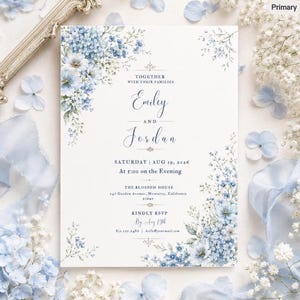 Dusty Blue Wedding Invitation Template , Boho Floral Wedding Invite Suite, Elegant Garden Light Steel Blue Details, RSVP,  Instant  Download