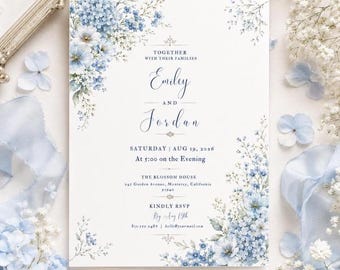 Dusty Blue Wedding Invitation Template , Boho Floral Wedding Invite Suite, Elegant Garden Light Steel Blue Details, RSVP, Instant Download