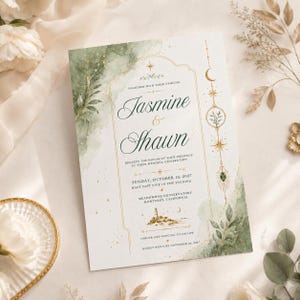 Könnte beinhalten: Eine rechteckige Hochzeitseinladungskarte mit weißem Hintergrund, salbeigrünen Aquarellakzenten, goldenen himmlischen Motiven und einer Leuchtturm-Illustration. Der Text lautet Jasmine & Shawn, Sonntag, 18. Oktober 2027, in Monterey, Kalifornien.