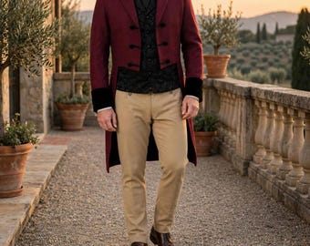 Burgundy Regency Tailcoat, Wool Frock Coat, Velvet Collar, Brocade Vest, Tan Trousers (Wedding Suit)
