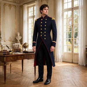 Op de afbeelding: Een donkerblauwe lange jas in militaire stijl met een dubbele rij gouden knopen, gouden epauletten op de schouders en een rode voering. De jas wordt gedragen met een bijpassende donkere broek en zwarte leren nette schoenen.
