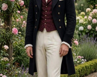 Men's Black Victorian Tailcoat Suit - Wool Regency Frock Coat - Burgundy Brocade Vest Set - Wedding