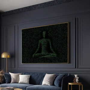Meditation Wall Art Print, Zen Digital Design with Green Binary Code, Modern Canvas Wall Art for Home or Office Decor, meditation art