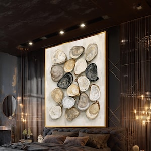 Toile imprimée Coquillage d'huître, Décoration murale côtière neutre, Illustration de coquillages beiges et gris, Décoration de cuisine/salle à manger de maison de plage