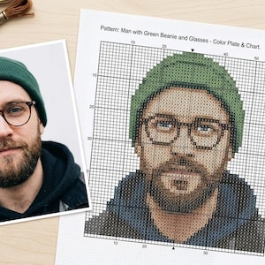 Puede incluir: Un patrón de punto de cruz titulado Man with Green Beanie and Glasses, que incluye un gráfico de cuadrícula, una foto de referencia de una persona barbuda con gorro verde y gafas, una guía de colores, hilos de bordar y agujas.