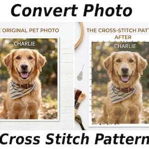 Op de afbeelding: Een vergelijking naast elkaar met een foto van een golden retriever met het label THE ORIGINAL PET PHOTO en een bijbehorend kruissteekpatroon met het label THE CROSS-STITCH PATTERN AFTER, beide met de naam CHARLIE boven de hond.