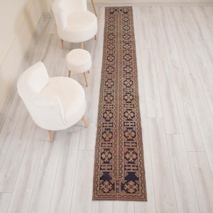 May include: A long, narrow runner rug featuring a repeating geometric pattern in dark navy blue and muted tan. The rug has a symmetrical design with intricate borders and central motifs, laid out flat on a light-colored wood-look floor surface.