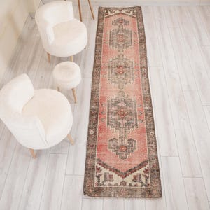 Tapis Oushak 3x10, tapis de couloir vintage fait main, tapis turc ancien 3x10, tapis de couloir long neutre, tapis délavé, 70