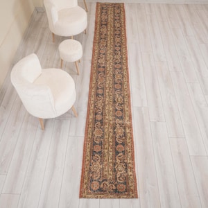 Peut inclure: Un long tapis de couloir étroit présentant un motif floral répétitif dans des tons bleu foncé, orange sourd et beige. Le tapis possède une bordure distincte et un aspect vieilli et texturé, disposé verticalement sur un sol en bois clair.