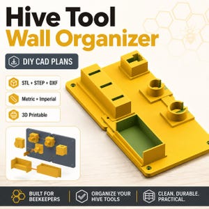 Puede incluir: Un organizador de pared amarillo para herramientas de colmena imprimible en 3D con varios compartimentos. El texto incluye Hive Tool Wall Organizer, DIY CAD PLANS, STL + STEP + DXF, Metric + Imperial, 3D Printable, BUILT FOR BEEKEEPERS, ORGANIZE YOUR HIVE TOOLS, CLEAN. DURABLE. PRACTICAL.