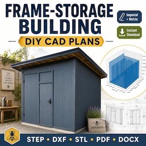 Puede incluir: Un edificio de almacenamiento de madera azul oscuro con una puerta individual y un techo inclinado. La imagen incluye el texto FRAME-STORAGE BUILDING DIY CAD PLANS, un diagrama 3D azul con medidas métricas y formatos STEP, DXF, STL, PDF, DOCX.