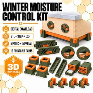 Puede incluir: Un kit de control de humedad invernal para colmenas con 16 piezas imprimibles en 3D en verde oliva y naranja. Incluye archivos digitales en formatos STL, STEP y DXF, con opciones métricas para la ventilación y gestión de la humedad.