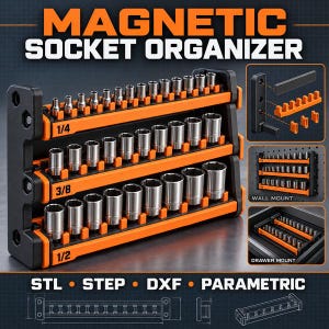 May include: A black and orange magnetic socket organizer featuring three tiered rows labeled 1/4, 3/8, and 1/2. The organizer holds various silver metal sockets and includes diagrams for wall and drawer mounting, along with STL, STEP, DXF, and PARAMETRIC text.