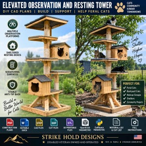 May include: A multi-level wooden cat tower featuring two enclosed resting boxes with cat-shaped entryways, multiple carpeted platforms, and sisal-wrapped scratching posts. The structure includes a stable base and is designed for outdoor use.