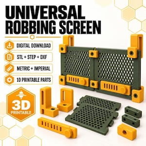 Puede incluir: Un kit de pantalla de robo universal imprimible en 3D con paneles de malla verde oliva y conectores amarillos. El conjunto incluye diez componentes con etiquetas de texto para descarga digital, formatos de archivo STL, STEP y DXF, y opciones métricas.