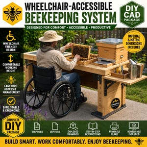 Pode incluir: Um sistema de apicultura em madeira acessível a cadeiras de rodas, com uma bancada elevada, uma colmeia e um fumigador. O design inclui etiquetas de texto como Wheelchair-Accessible Beekeeping System, DIY CAD Package e Build Smart. Work Comfortably.