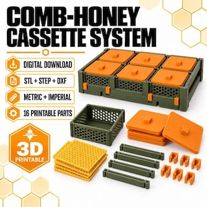 Peut inclure: Un système de cassette à miel en peigne, ensemble de fichiers imprimables en 3D avec des composants vert olive et orange. Texte inclus : COMB-HONEY CASSETTE SYSTEM, DIGITAL DOWNLOAD, STL + STEP + DXF, METRIC + IMPERIAL, 16 PRINTABLE PARTS, 3D PRINTABLE.