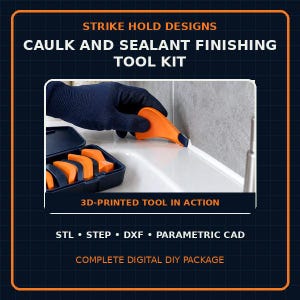 May include: A caulk and sealant finishing tool kit by Strike Hold Designs. The kit includes orange 3D-printed tools in a black case. One tool is shown smoothing white sealant along a tiled surface. Includes STL, STEP, DXF, and parametric CAD files.