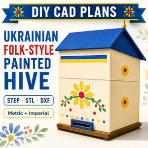 Puede incluir: Una colmena con techo azul y paredes color crema con una flor amarilla pintada, bayas rojas y puntos azules. El texto dice: DIY CAD PLANS, UKRAINIAN FOLK-STYLE PAINTED HIVE, STEP, STL, DXF y Metric + Imperial.