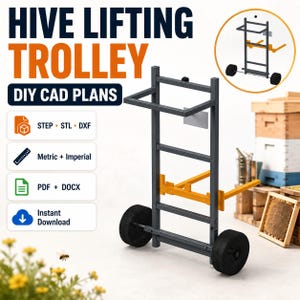 Puede incluir: Un carro elevador de colmenas de metal gris con brazos de soporte amarillos y dos ruedas negras. La imagen incluye el texto HIVE LIFTING TROLLEY DIY CAD PLANS, STEP, STL, DXF, Metric + Imperial, PDF, DOCX e Instant Download con iconos.