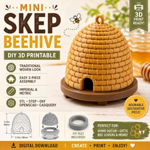 Pode incluir: Um modelo de colmeia tipo skep em miniatura imprimível em 3D com textura trançada, apresentando uma colmeia em forma de cúpula sobre uma base circular. O design inclui uma pequena entrada, um laço superior e diagramas técnicos de 80 mm por 80 mm.