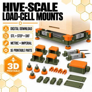 Puede incluir: Un conjunto de soportes para celdas de carga de básculas de colmena imprimibles en 3D con componentes verde oliva y naranja. La descarga digital incluye archivos STL, STEP y DXF para 16 piezas en unidades métricas e imperiales.