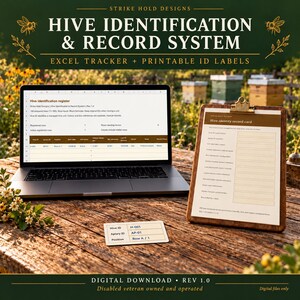 May include: A digital hive identification and record system featuring a laptop displaying an Excel tracker, a clipboard with a printed hive identity record card, and a small rectangular label showing Hive ID H-001, Apiary ID AP-01, and Position Row A/1.