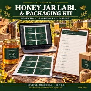 May include: A honey jar label and packaging kit featuring a laptop displaying label designs, a printed sheet of dark green rectangular honey labels, and a clipboard with a jar fit and print test form. A honey jar with a matching label is included.