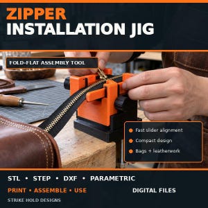 May include: A bright orange and black zipper installation jig tool designed for fast slider alignment. The tool features a compact design for bags and leatherwork. The image includes text: ZIPPER INSTALLATION JIG, FOLD-FLAT ASSEMBLY TOOL, Fast slider alignment, Compact design, Bags + leatherwork, STL, STEP, DXF, PARAMETRIC, PRINT, ASSEMBLE, USE, DIGITAL FILES, STRIKE HOLD DESIGNS.