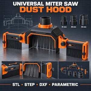 Puede incluir: Una campana extractora de polvo negra y naranja para sierra ingletadora con paneles laterales ajustables y solapas flexibles. Incluye tres adaptadores de 35 mm, 40 mm y 50 mm. Texto: UNIVERSAL MITER SAW DUST HOOD, STL, STEP, DXF, PARAMETRIC.