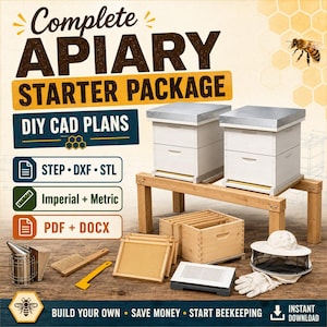 Puede incluir: Un producto digital para planos CAD DIY Complete Apiary Starter Package. Incluye texto para archivos STEP, DXF, STL, Imperial, Metric, PDF y DOCX. Muestra dos colmenas blancas sobre un soporte de madera, marcos, un ahumador y equipo de apicultura.