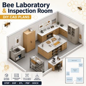 Puede incluir: Vista isométrica de un laboratorio de abejas y sala de inspección con armarios de madera clara, una isla central, un fregadero de acero inoxidable, un carrito con ruedas y un escritorio con microscopio. Texto incluido: Bee Laboratory & Inspection Room DIY CAD PLANS.
