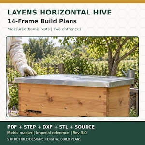 May include: Layens horizontal hive 14-frame build plans featuring a wooden hive with a metal roof, measured frame rests, and two entrances. Includes PDF, STEP, DXF, STL, and source files with metric master and imperial reference, Rev 3.0.
