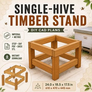 Puede incluir: Un listado de producto digital para un soporte de madera para colmena con planos CAD DIY. La imagen muestra un soporte de madera, un diagrama de montaje técnico y texto que indica dimensiones de 610 x 470 x 445 mm o 24,0 x 18,5 x 17,5 pulgadas.