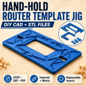 Op de afbeelding: Een blauwe handmatige bovenfreesmal met een rechthoekig frame en een centrale opening. De tekst luidt HAND-HOLD ROUTER TEMPLATE JIG DIY CAD + STL FILES. Het bevat vervangbare inzetstukken, STEP-, DXF-, PDF-bestanden en imperiale en metrische eenheden.