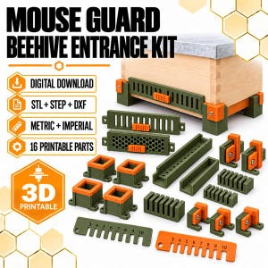 Könnte beinhalten: Ein Mouse Guard Bienenstock-Eingangsset mit 16 3D-druckbaren Teilen in Olivgrün und Orange. Der digitale Download enthält STL-, STEP- und DXF-Dateien in metrischen und imperialen Einheiten. Enthält geschlitzte Schutzvorrichtungen und Lineale.