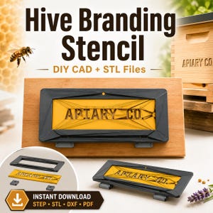 Puede incluir: Una plantilla de marcado de colmena negra y amarilla con el texto APIARY CO. recortado. La plantilla incluye un marco negro y una pieza interior amarilla. La imagen muestra el texto Hive Branding Stencil, DIY CAD + STL Files e Instant Download.