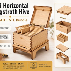 Puede incluir: Un modelo de colmena Langstroth horizontal en miniatura de madera con techo abatible, marcos extraíbles y soporte. La imagen incluye etiquetas de texto para el techo, bisagra, cuerpo, marcos, base y soporte, además de archivos CAD y STL.