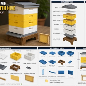 Puede incluir: Un modelo a escala 1:4 de una colmena Langstroth para escritorio con cajas apilables amarillas y blancas extraíbles, un techo gris y un soporte marrón. El set incluye 8 minimarcos y 17 piezas imprimibles en 3D con una altura de 234mm.