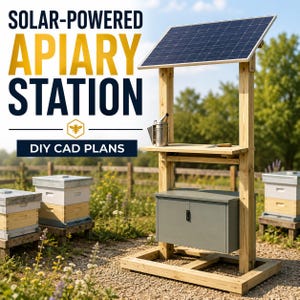 Puede incluir: Una estación de apiario solar de madera con un panel solar en el techo, un estante de trabajo central con un ahumador de metal y un gabinete de almacenamiento inferior. El texto dice SOLAR-POWERED APIARY STATION y DIY CAD PLANS.