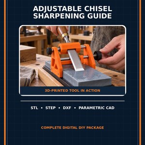 May include: An adjustable orange 3D-printed chisel sharpening guide holding a metal chisel against a gray sharpening stone. The text reads ADJUSTABLE CHISEL SHARPENING GUIDE, 3D-PRINTED TOOL IN ACTION, STL, STEP, DXF, PARAMETRIC CAD, COMPLETE DIGITAL DIY PACKAGE.