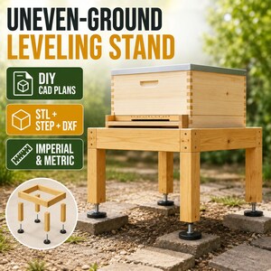 Puede incluir: Un soporte nivelador para suelo irregular diseñado para una colmena, con patas ajustables y bases circulares negras. La imagen incluye el texto: UNEVEN-GROUND LEVELING STAND, DIY CAD PLANS, STL + STEP + DXF e IMPERIAL & METRIC.