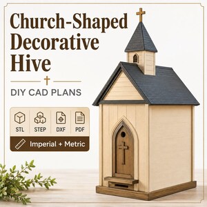 Puede incluir: Una colmena decorativa con forma de iglesia, paredes de madera clara, techo oscuro y torre con cruz. El frente presenta una puerta de arco apuntado con un emblema de cruz. Texto: Church-Shaped Decorative Hive, DIY CAD PLANS, STL, STEP, DXF, PDF.