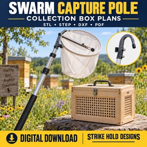 Puede incluir: Una pértiga para capturar enjambres con una red blanca y una caja de recolección de madera con asa negra, cierre metálico y paneles laterales perforados. El texto dice SWARM CAPTURE POLE COLLECTION BOX PLANS STL STEP DXF PDF.