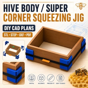 Puede incluir: Planos CAD DIY para una plantilla de apriete de esquinas de alzas de colmena, con archivos digitales en formatos STL, STEP, DXF y PDF. La imagen muestra un marco rectangular de madera sujeto por esquineros azules y una cinta negra, con una abeja.