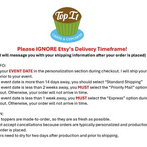 May include: A graphic with the text "Top It Cakes & Cupcakes" in a white circle with a red cupcake on top. The text "Please IGNORE Etsy's Delivery Timeframe! (I will message you with your shipping information after your order is placed)" is in red text. The text below is in black and describes the shipping and production process for custom cupcake toppers.
